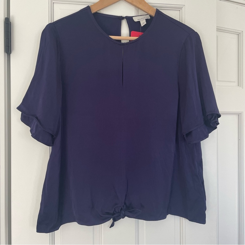 NWT Allison Joy Deep Navy Short Sleeve Tie-Front Blouse Medium 100% Rayon